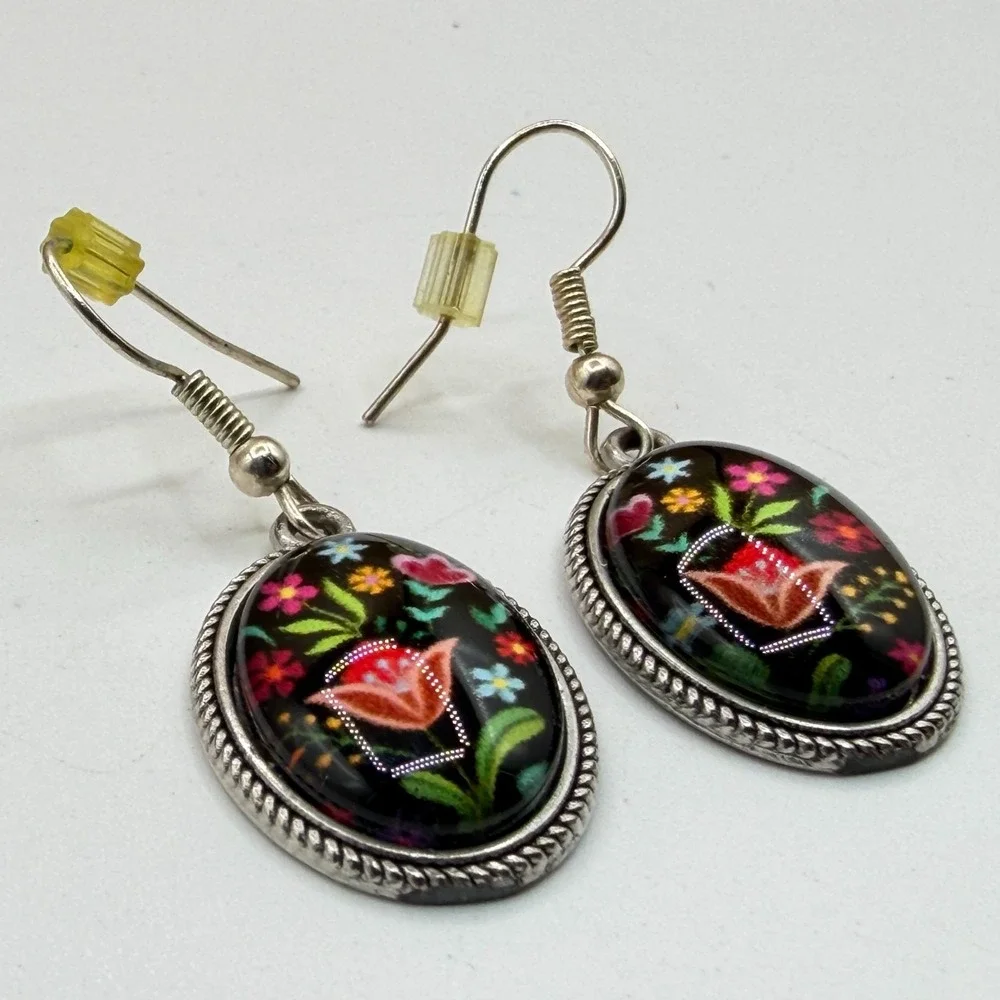 Floral Folk Art Earrings Black Multicolor Flower Oval Silver Tone Dangle Pair